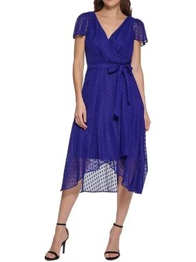 DKNY Flutter-Sleeve Faux-Wrap Cobalt Blue Dress - Size 0